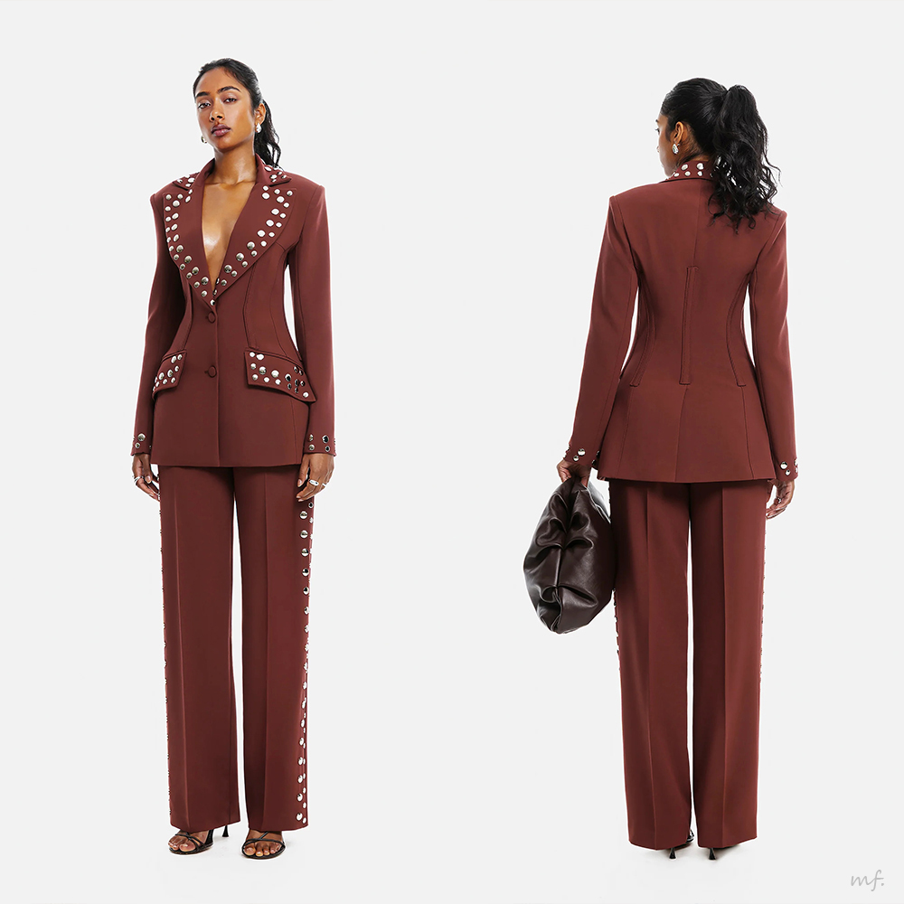 Designer Rivet Women Blazer Suits 2 Pieces Slim Fit Wedding Tuxedos Prom Dressing Formal Guest Wear Pants