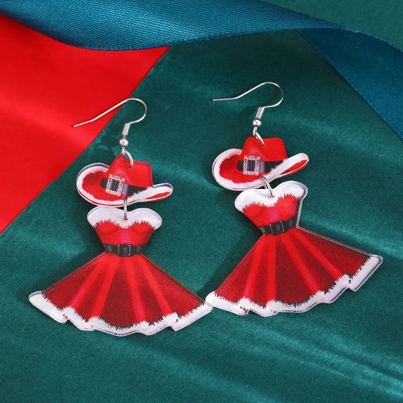 2025 Christmas carnival party acrylic earrings fashionable red dress hat niche earrings for women 251031