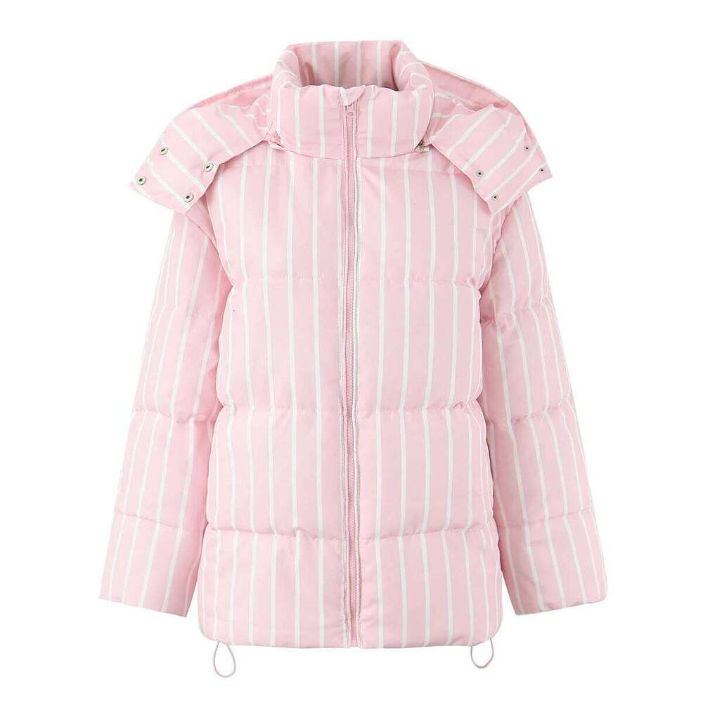 New Winter Fashion Women Pink Stripes Zip Up Bread Parka Coat For Woman Removable Hat Hooded Long Sleeve Outerwear