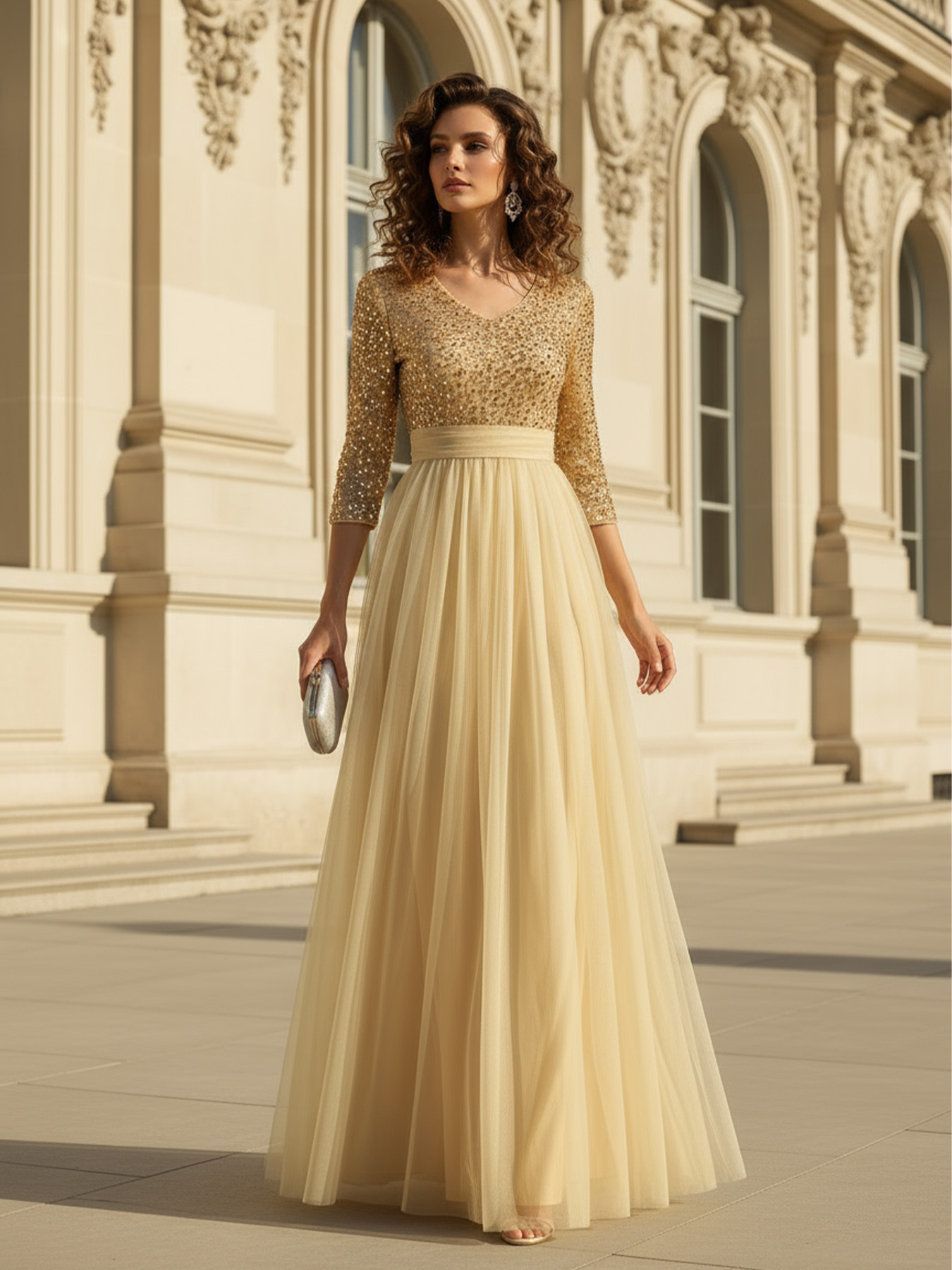 Women's Elegant Glamorous Sequin Tulle Evening Gown, 3/4 Sleeve V-Neck Contrast Color Maxi Dress--D388