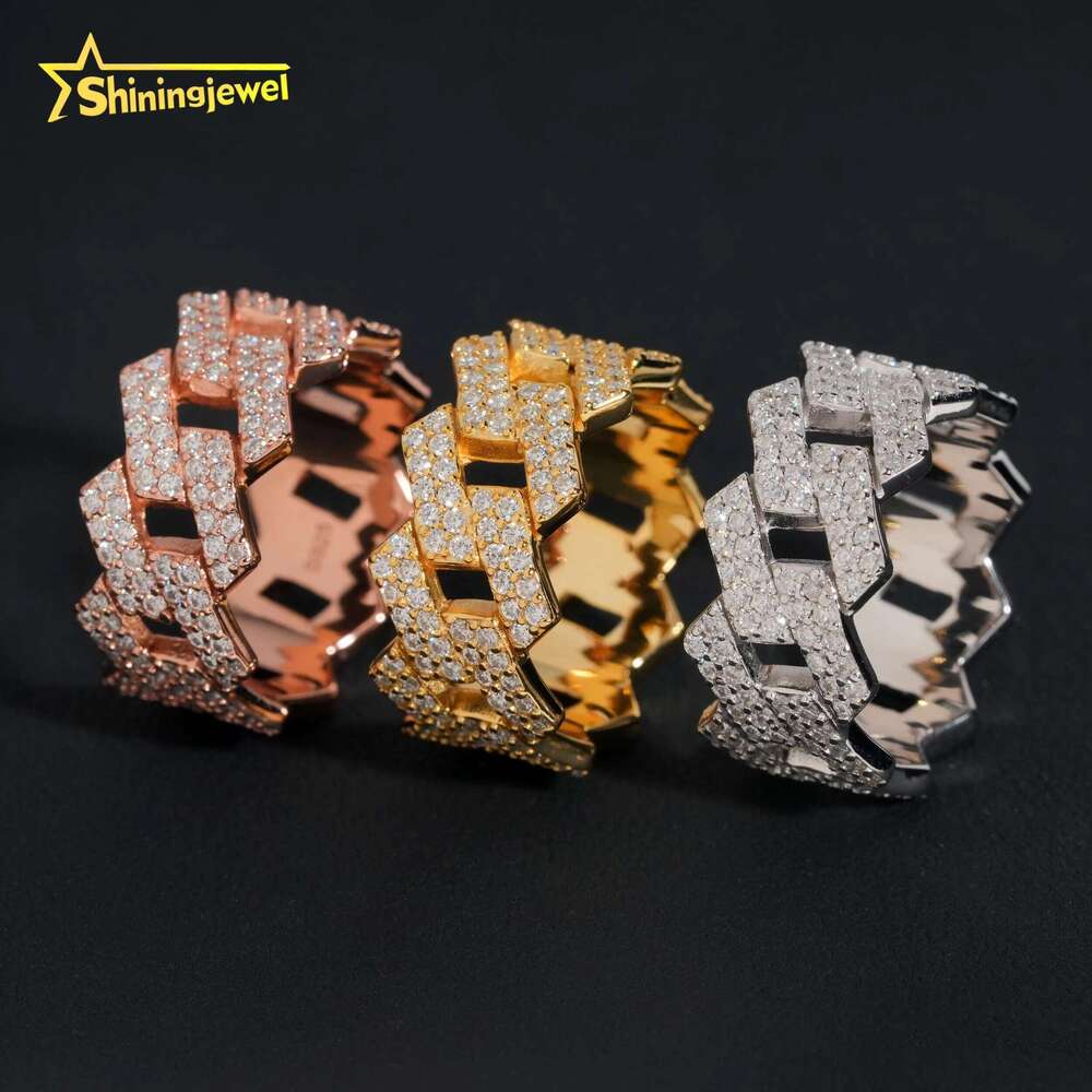 Factory Direct High Quality Hip Hop Two Row Sterg Sier Moissanite Iced Out Cuban Ring