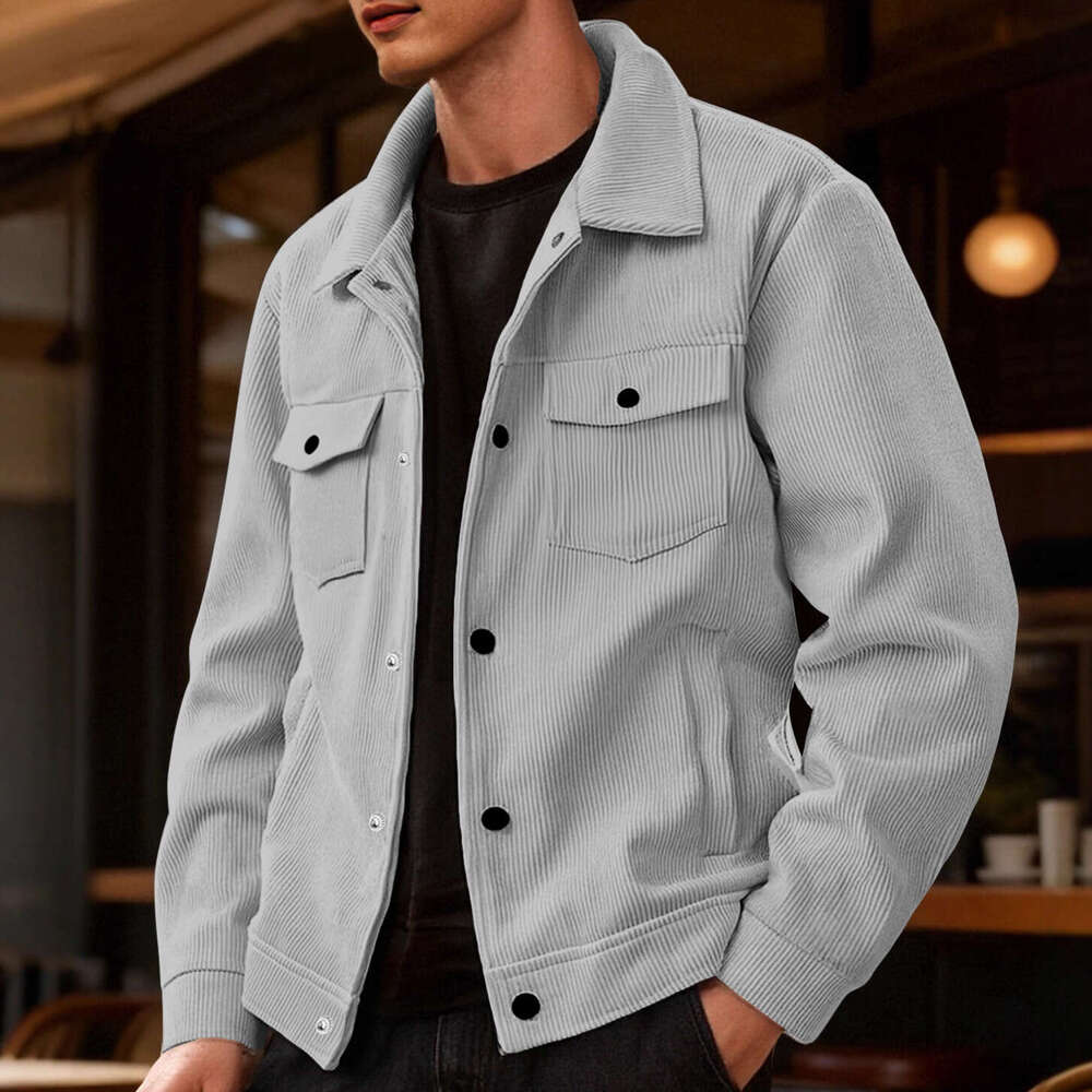 European and American Cross-Border Amazon Corduroy Single-Breasted Casual Sports Trend Pocket Jacket Men's Turn-Down Collar Long Sleeve Shirt