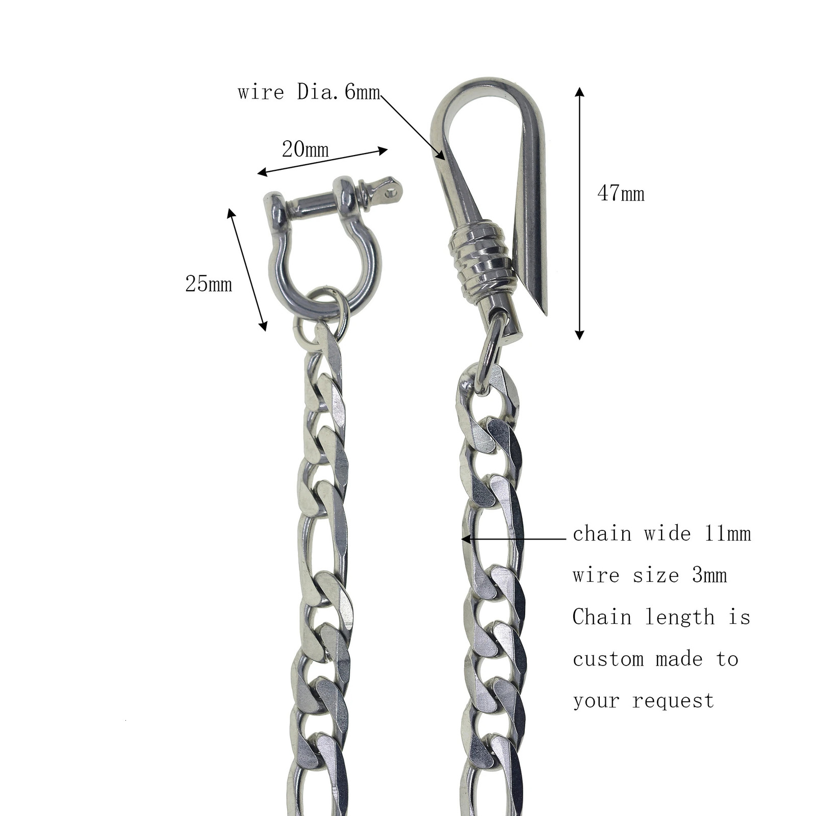 Stainless Steel Wallet Jean Trouser Bicycle Keychain D Coupling Simple U 6mm Wire Hook Extra Large Cuban Figaro Chain 250410
