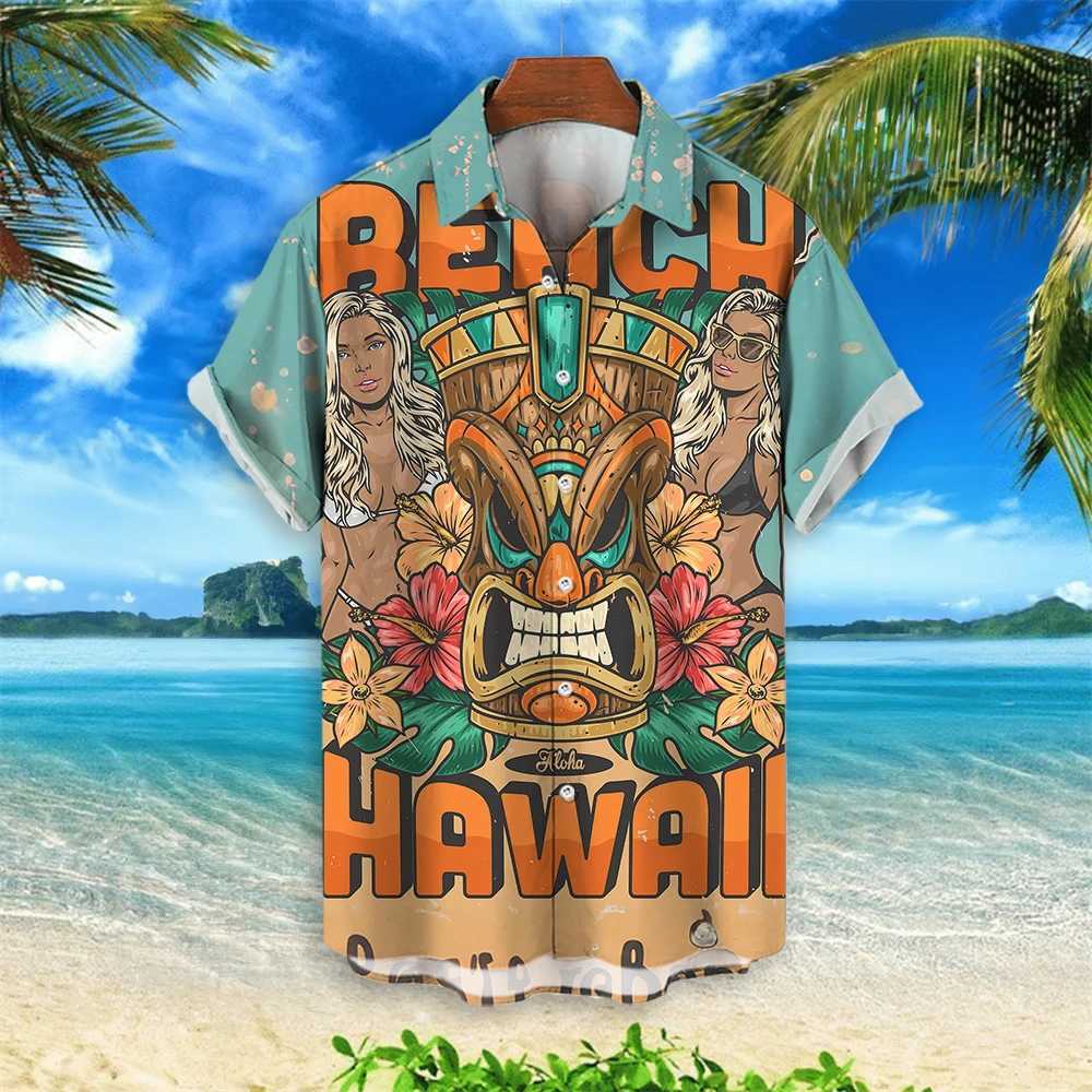 2024 New Retro Mens Wear 3D Tiki Printed Hawaiian Mens Wear Loose Casual Mens Wear Fashion Trend Mens Short Sleeves X250410