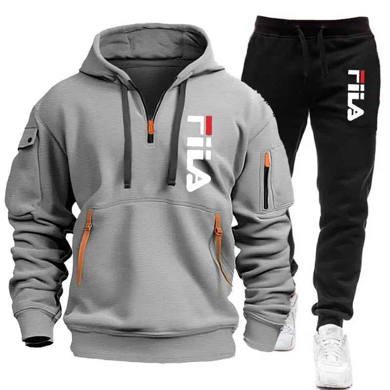 Autumn and Winter 2025 new mens hooded sweatshirt pants two-piece set outdoor multi-pocket mens pullover sportswear set W251110
