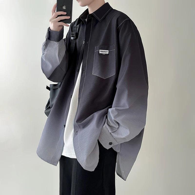Mens shirt Gradient Plicated Long Sleeve Shirts Loose Korean Shirt Fashion Casual Oversize Shirt Coat High Quality Clothing 250408