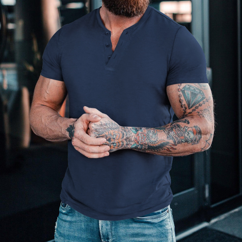 2025 Summer plus casual mens clothing Henry round neck short sleeved t-shirt casual slim fit Polo