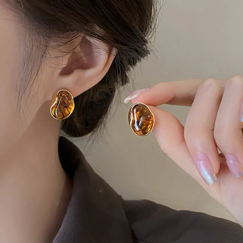 Vintage Brown Resin Tiger Eye Stone Dangle Earrings for Women Fashion Silver Needle Earring Personality Melard Color Jewelry 250409