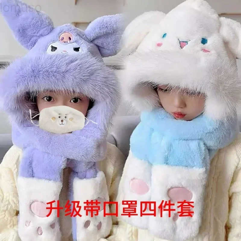 Sanrio Kuromi Anime Children Hat Scarf Gloves Cute Ins Kawaii Cinnamoroll Pochacco Ins Lovely Doll Fluffy Hat Gifts for Kids H251110