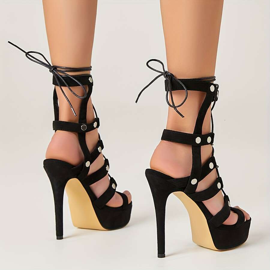 Elegant Black Lace-Up Sandals With Ankle Straps, Open Toe, And Rivet Embellishments - Sexy High Summer Comfort, Rubber Sole, Microfiber Inner, Perfect
