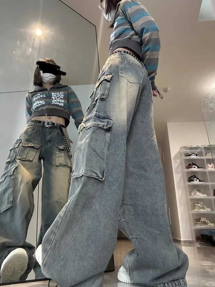 American Streetwear Cargo Jeans Women Y2K 90S Retro High Waist Washing Loose Denim Trousers Hip Hop Pockets Wide Leg Pants C251110