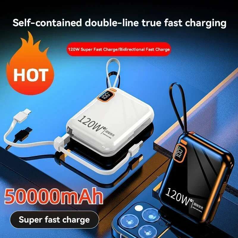 50000mAh Power Bank 120w Detachable Usb To Type C Cable Two-way Fast Charger Mini Powerbank For Iphone Xiaomi Samsung