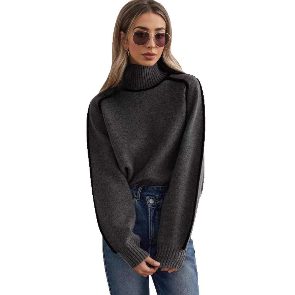 Cross-Border Foreign Trade Women's Fashion Half Turtleneck Raglan Sleeve Top Elegant Line Threaded Base Knitted Sweater for Women