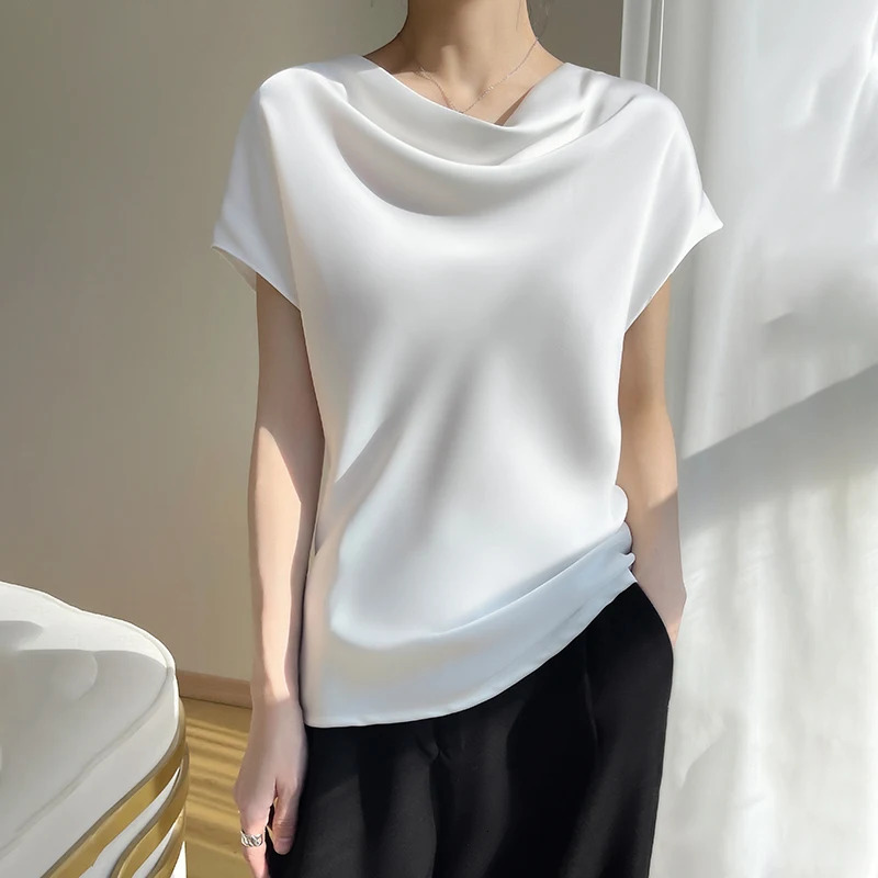Summer satin short sleeved T-shirt suitable for women loose dress and acetate bottom shirt 250410