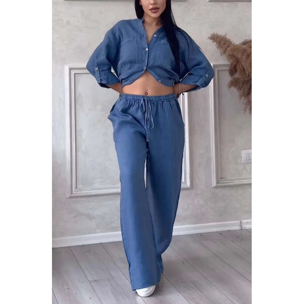 2025 New European American Cross-Border Women's Solid Color Single-Breasted Sleeve Shirt Two-Piece Set with Wide-Leg and Tie-Up Long Pants for Wo