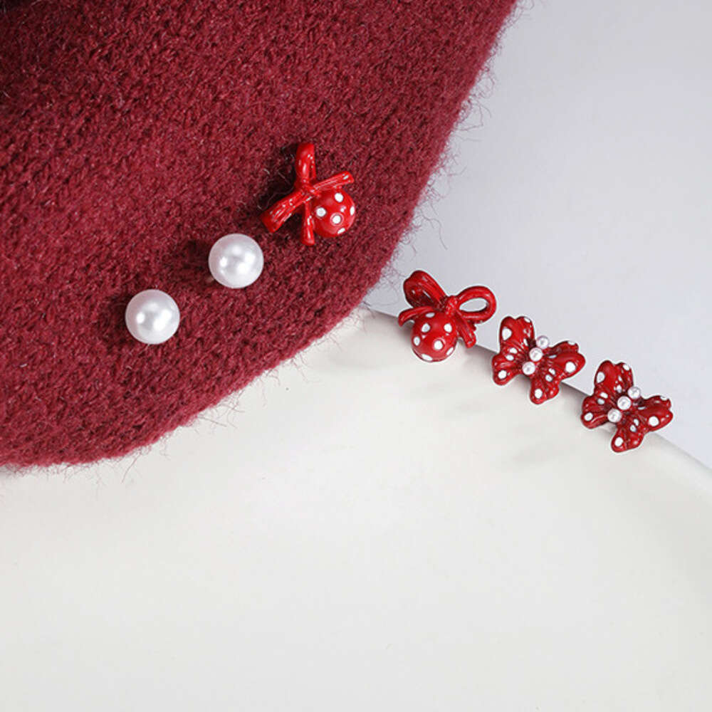 Red Polka Dot Bowknot Combination Ear Bone Cartoon Playful Small Exquisite High-end Feel Cute Stud Earrings for Women