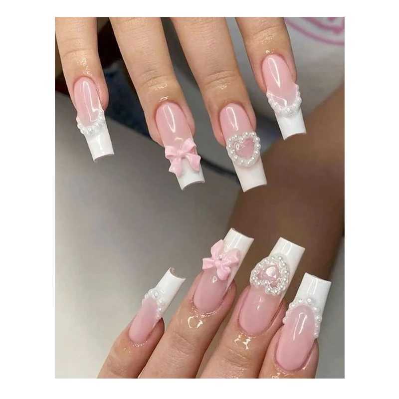 24 pieces of ballet fake nails long French press nails with rhinestones wearable coffin fake nails pink bow design handmade tips W250410