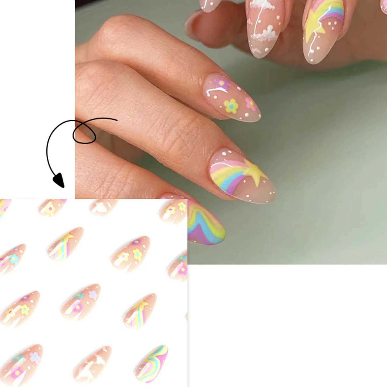 24 cute colored fake nail tips suitable for girls Rainbow Cloud Star printed almond fake nails full set of reusable adhesive fake nails W250410
