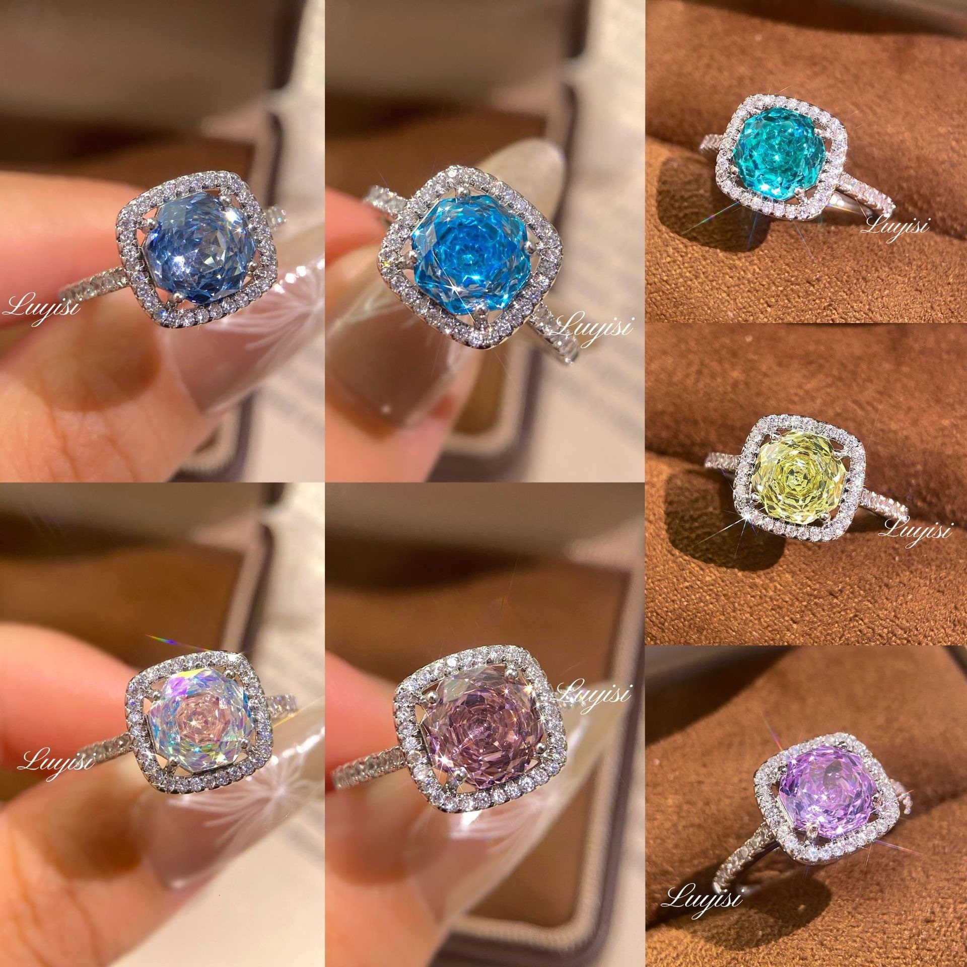 Hot Selling Popular Designer Ring Octagonal Millennium Rose Cut Fashion Ring Aquamarine Ring Light Luxury High-end Inlaid High Carbon Diamond Square R