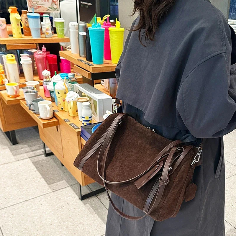 Winter Womens Natural Suede Leather Bag Female Frosted Cowhide Durable Handbags Ladies Large Capactiy Shoulder Bag 251106