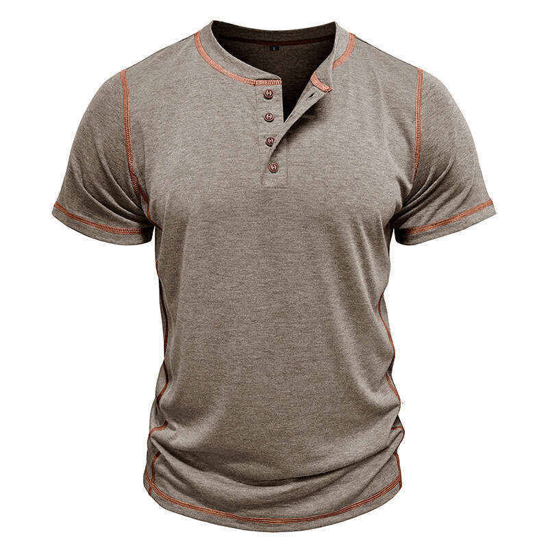 Summer European and American Short sleeved Henley Shirt Round Neck Color blocked Top T-shirt Men's Wear 2025 New Casual Versatile Fashion Clothin