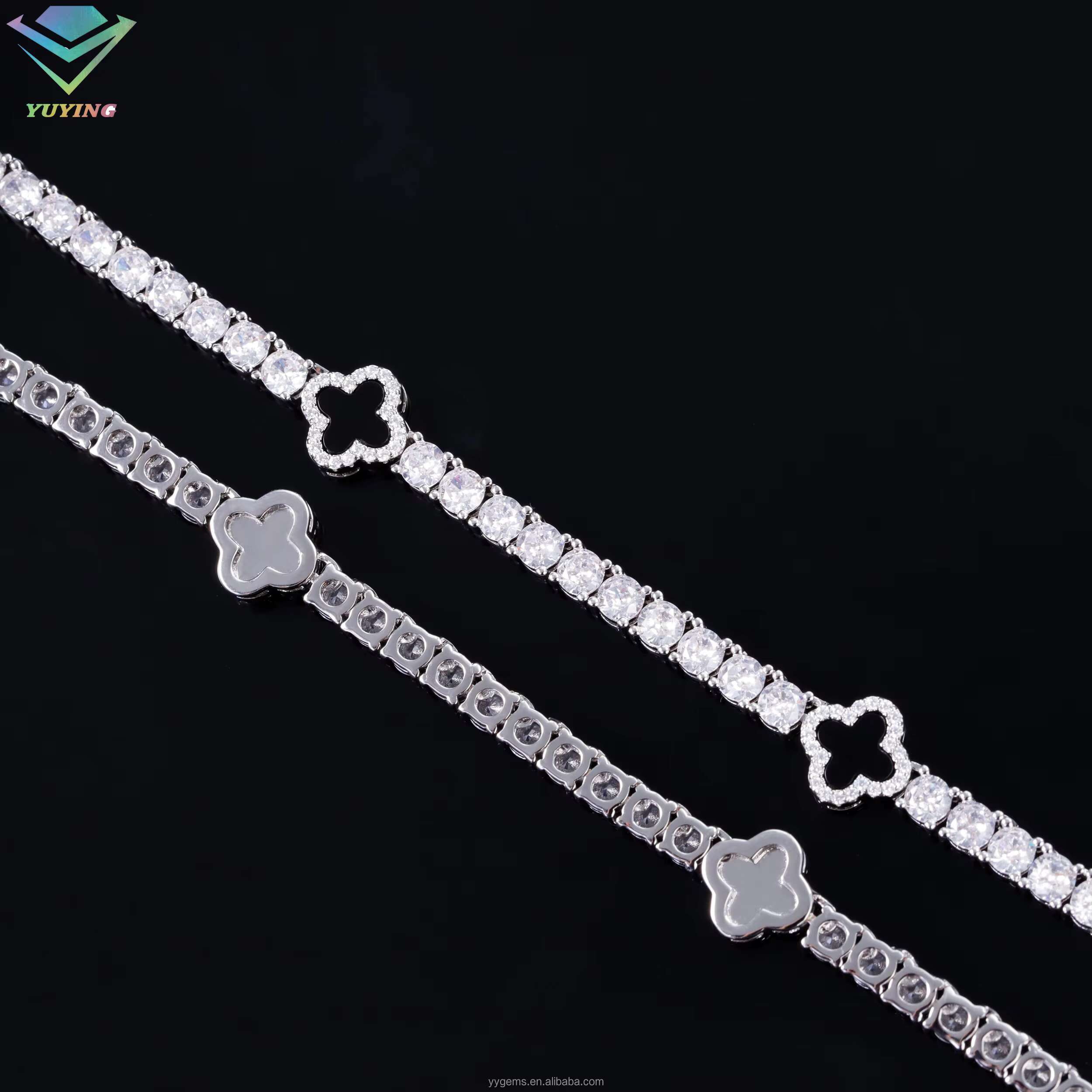 GRA Certificate Iced Out Diamond Agate Clover Bracelet S925 Silver VVS1 Moissanite Tennis Bracelet
