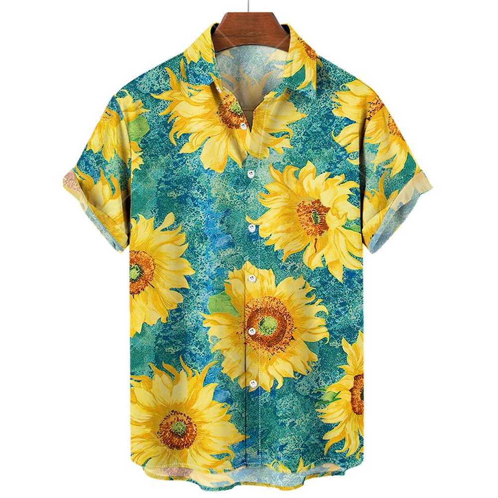 Sunflower Sunshine Print Hawaiian mens collar shirt mens fashion wide short sleeved T-shirt oversized clothing top X250410