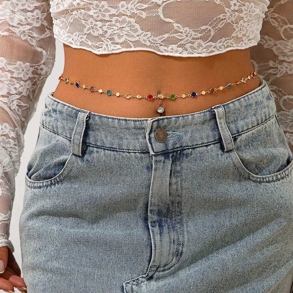 Simple Colorf Geely Crystal Waist Belly Chain suitable for Wen 2025 Fashion Bikini Thin Belt Chain Jewelry X250410