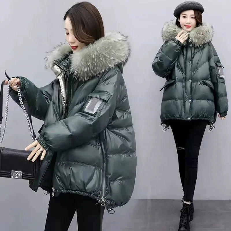 2025 Winter Warm Down Cotton Jacket With Large Fur collar Hooded Coat Loose Women Thicken Parker Puffer Overcoat Casual wear 251107