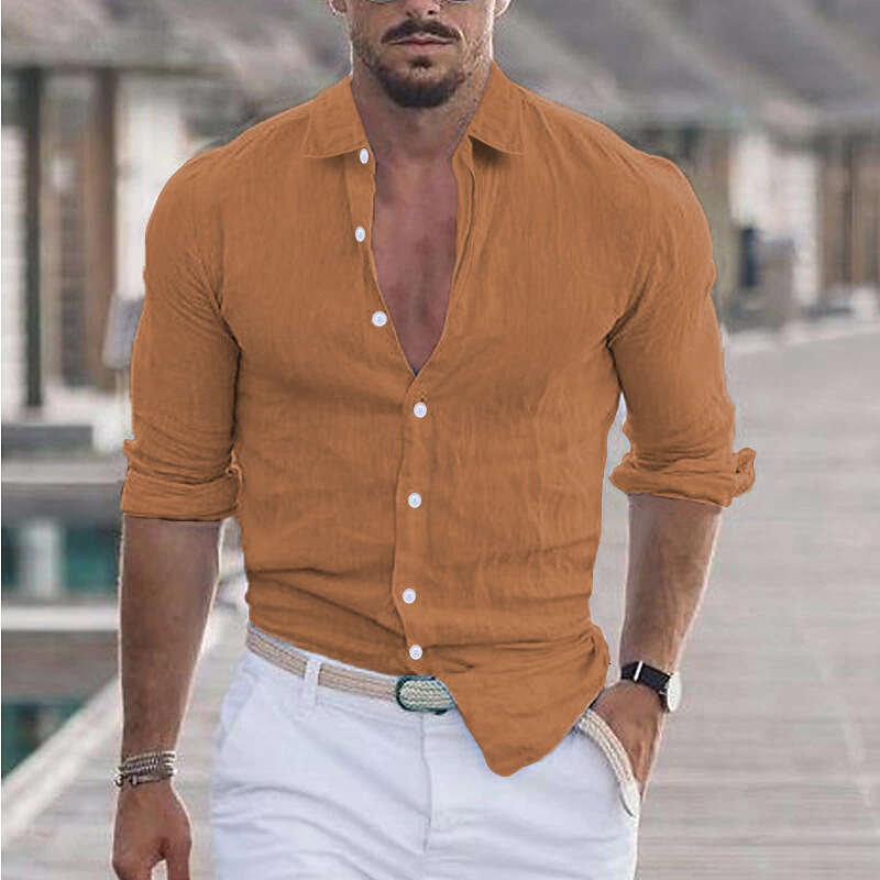 2025 New Men's Summer Cotton Linen Turn-down Collar Beach Shirt Long Sleeve Solid Color Hawaiian Holiday Clothing