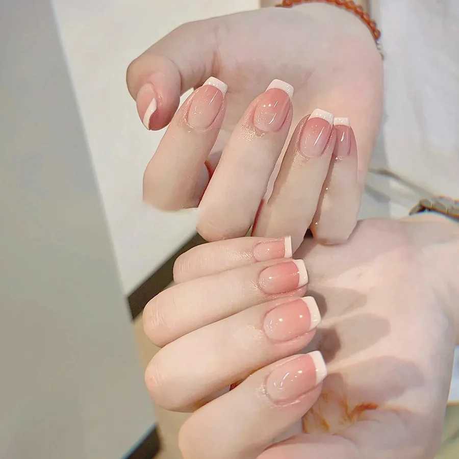 0pcs Pink French Handmade Nails Short French style Handmade Wear Nail for Women Girl Whitening Nail Stickers False Nail W250410