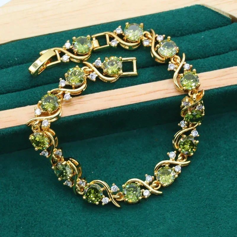 Geometric Wedding Gold Color Jewelry Set for Women Olive Green Zircon Bracelet Earrings Necklace Pendant Ring Gift 250409