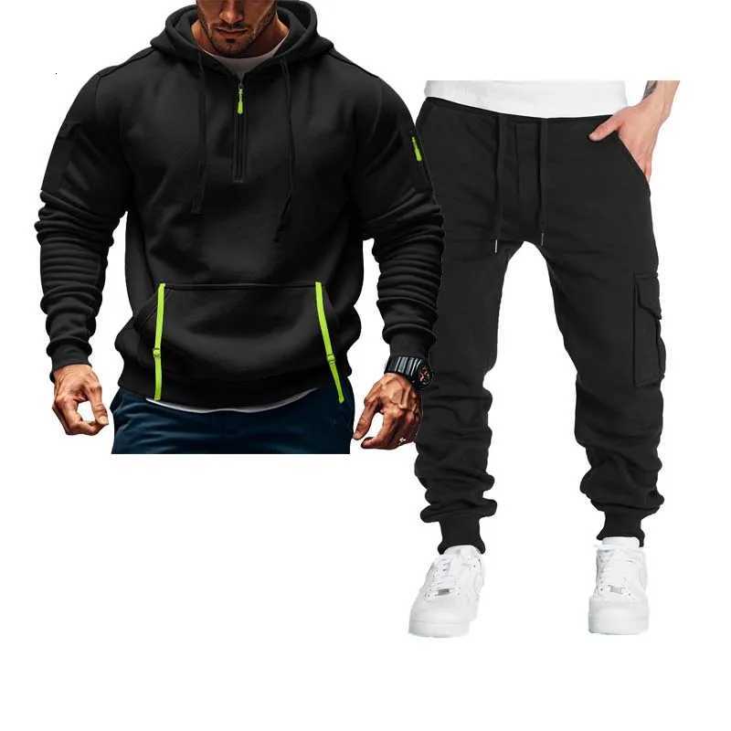 Mens sports set autumn and winter sports suit trendy jacket long sleeved long pants hooded casual sports mens suit W251110