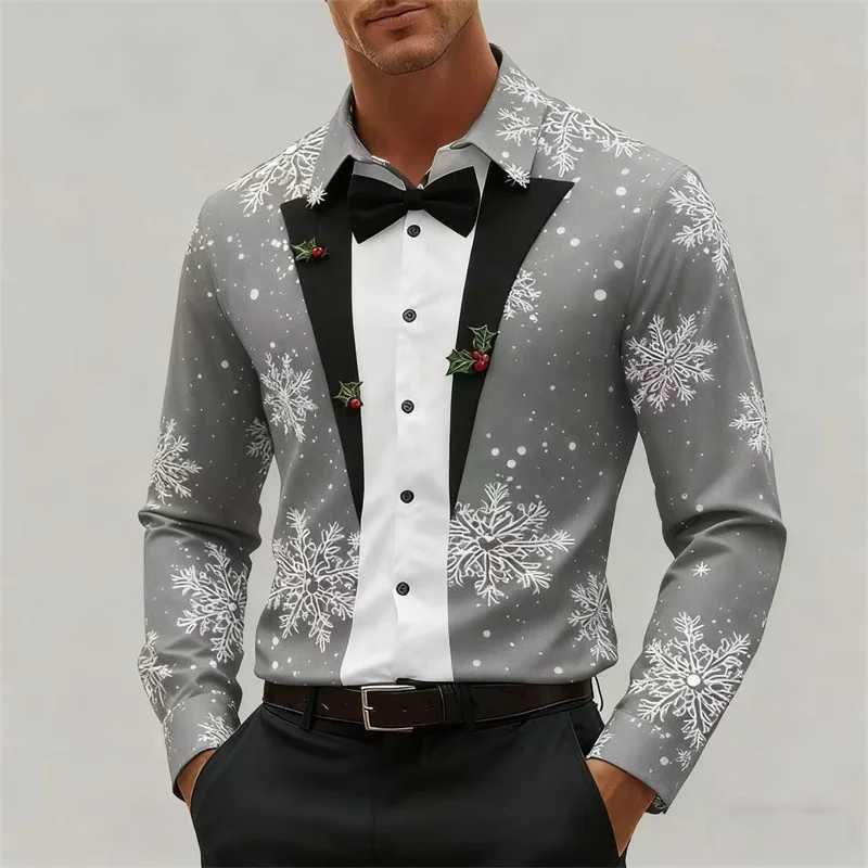 Christmas Mens Snowflake Bow Tie Pattern 3D Print Christmas Shirt Long Sve Tops Outdoor Holiday Gift Shirt Men Clothing Q251110
