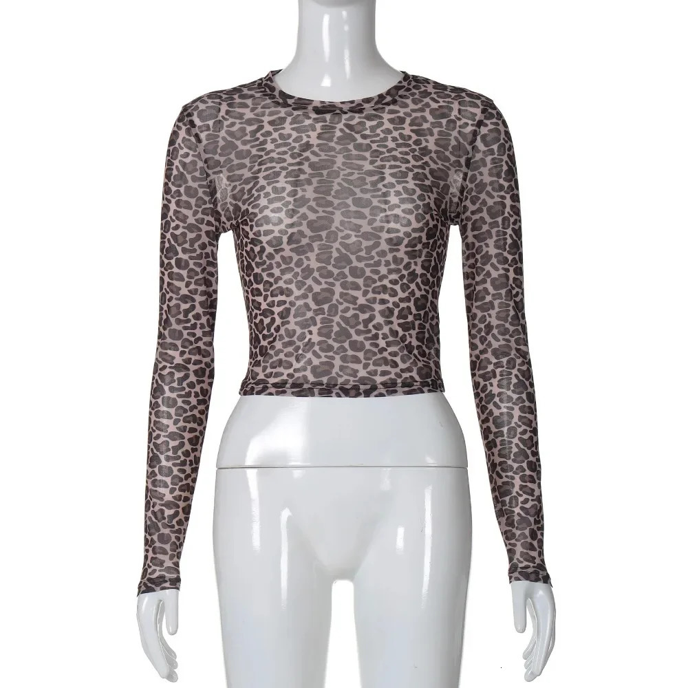 Sexy long sleeved shirt mesh Tshirt leopard print tight fitting womens party club streetwear casual late night snack 250407