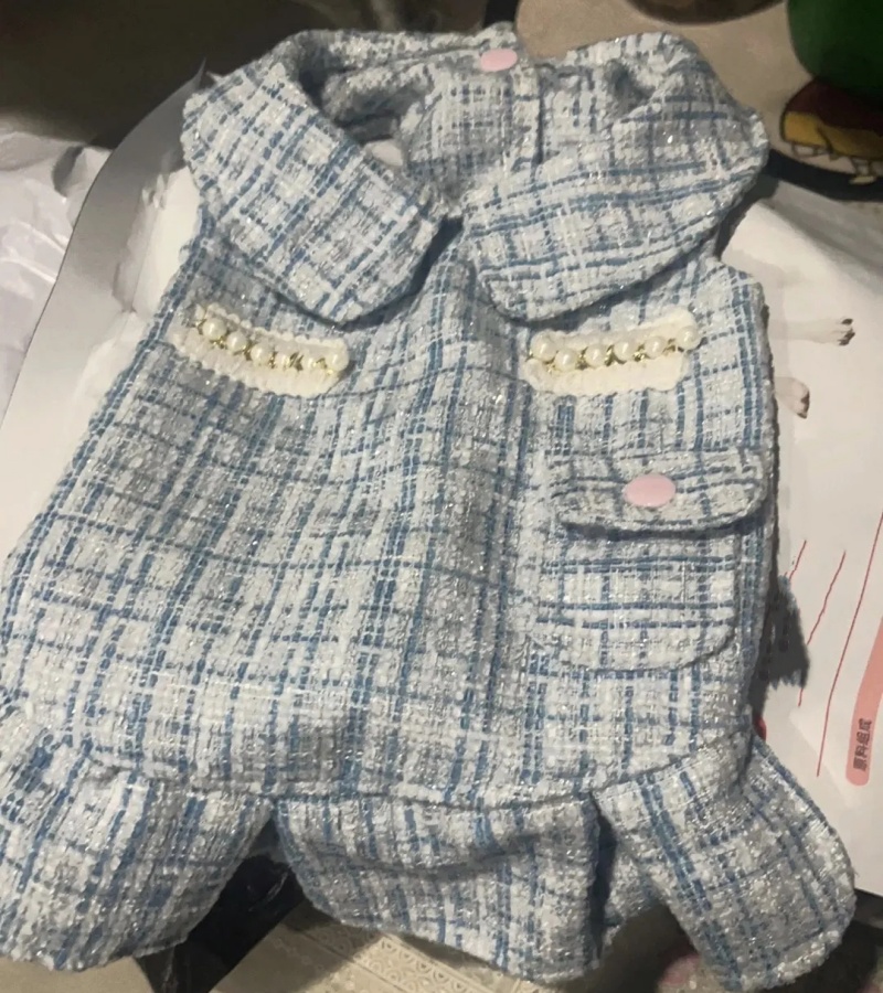 Fashion Tweed Pet Dress with Pearl Decoration, Ruffle Hem & Pocket Design, Stylish Small Dog Clothes for Bichon Poodle, High-Quality Pet Apparel for D