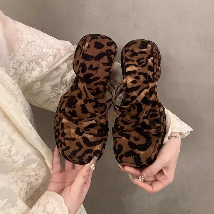 Woman Sandals Fashion Leopard Print With Sponge Cake And One Line Slippers Women S Summer New Thick Sole Wedge Heel Sandals