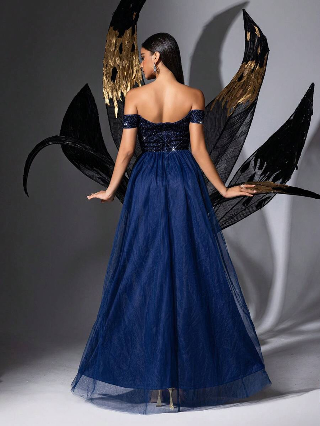 Women's Elegant Banquet Sequin Evening Gown, Off-Shoulder Side Slit A-Line Maxi Dress, Available in Royal Blue/Pink Apricot/Light Blue/Wine Red--