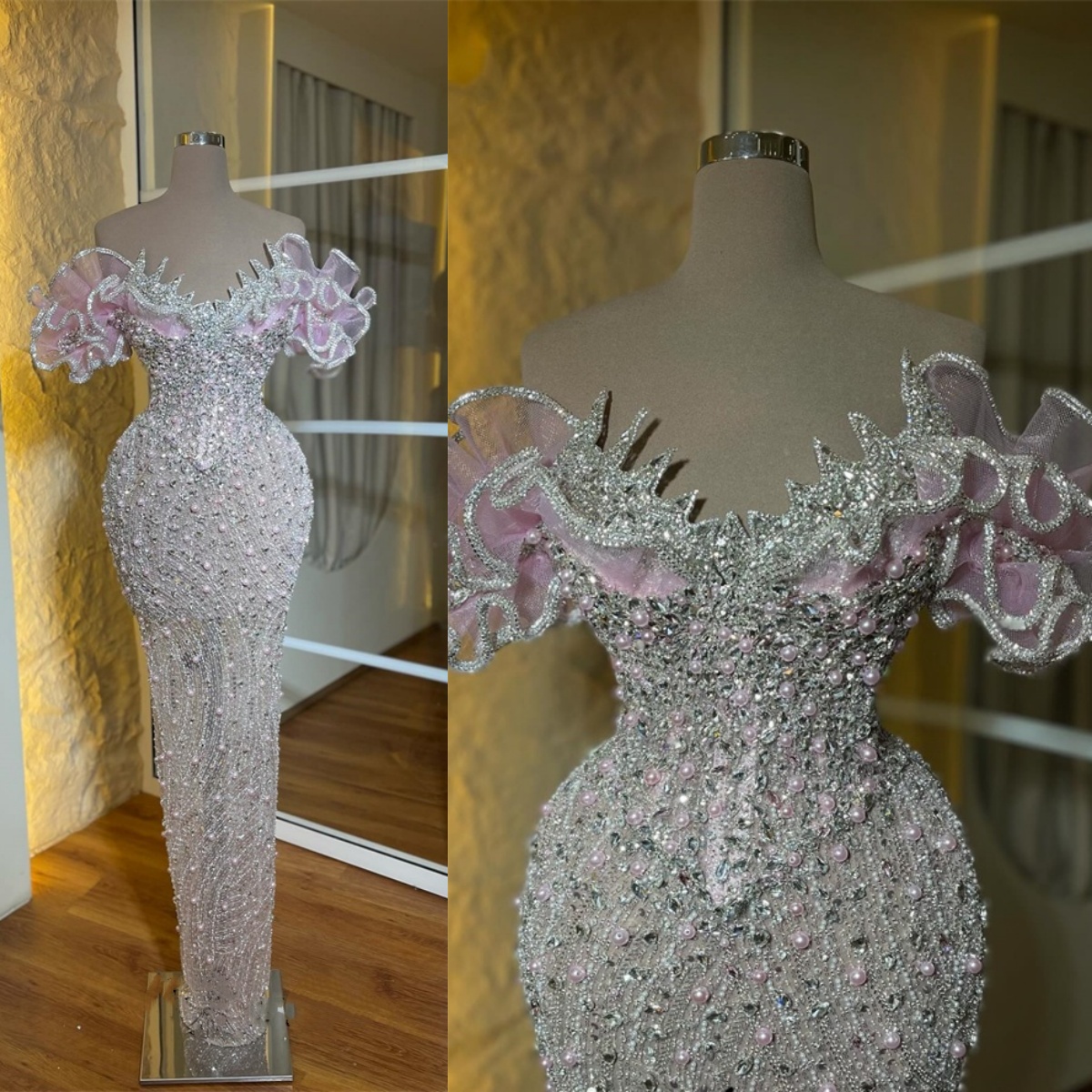 Charming Blush Pink Ruffle Pearl Evening Dress Beads Off Shoulder Flowers Formal Prom Gowns Customized Cocktail robes