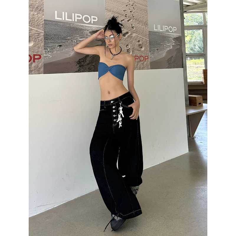 Women Vintage Y2K 2000s High Waist Jeans Korean Oversize Fashion Loose Simple Casual Black Wide Leg Pants Lady Streetwears C251110