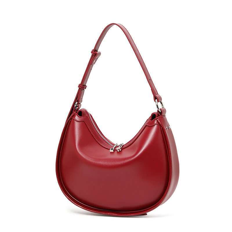 Genuine Crescent Hand-Held Large Capacity Glossy Soft Leather Cross-Body Half-Round Saddle Horn Moon Bag