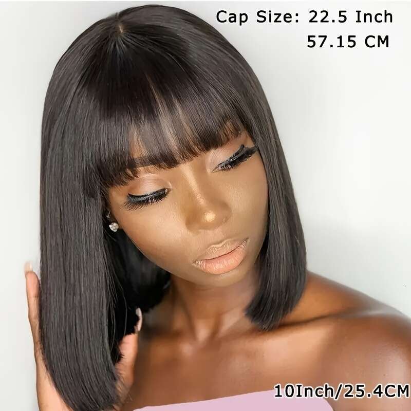 Women's Glueless Wig Bangs Natural Brown Human Density , HD Lace Front, Pre-Plucked Hairline With Baby Hair, No Glue Needed, Easy To Style For Ev