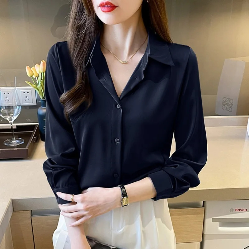 Wxw3253 spring satin womens pure color elegant chiffon long sleeved womens ultra-thin French casual fit shirt 250409