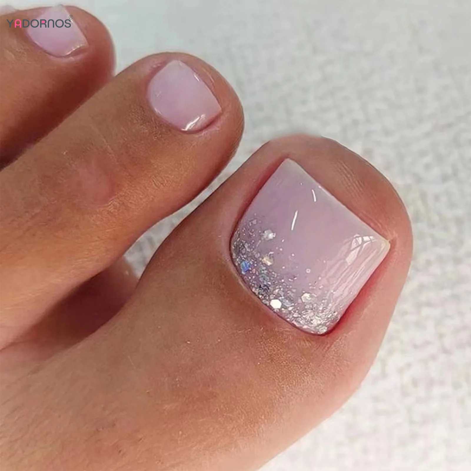 24 pieces of simple press Toenails silver glitter powder fake toe nails short square fake nails for women summer barefoot decoration W250410