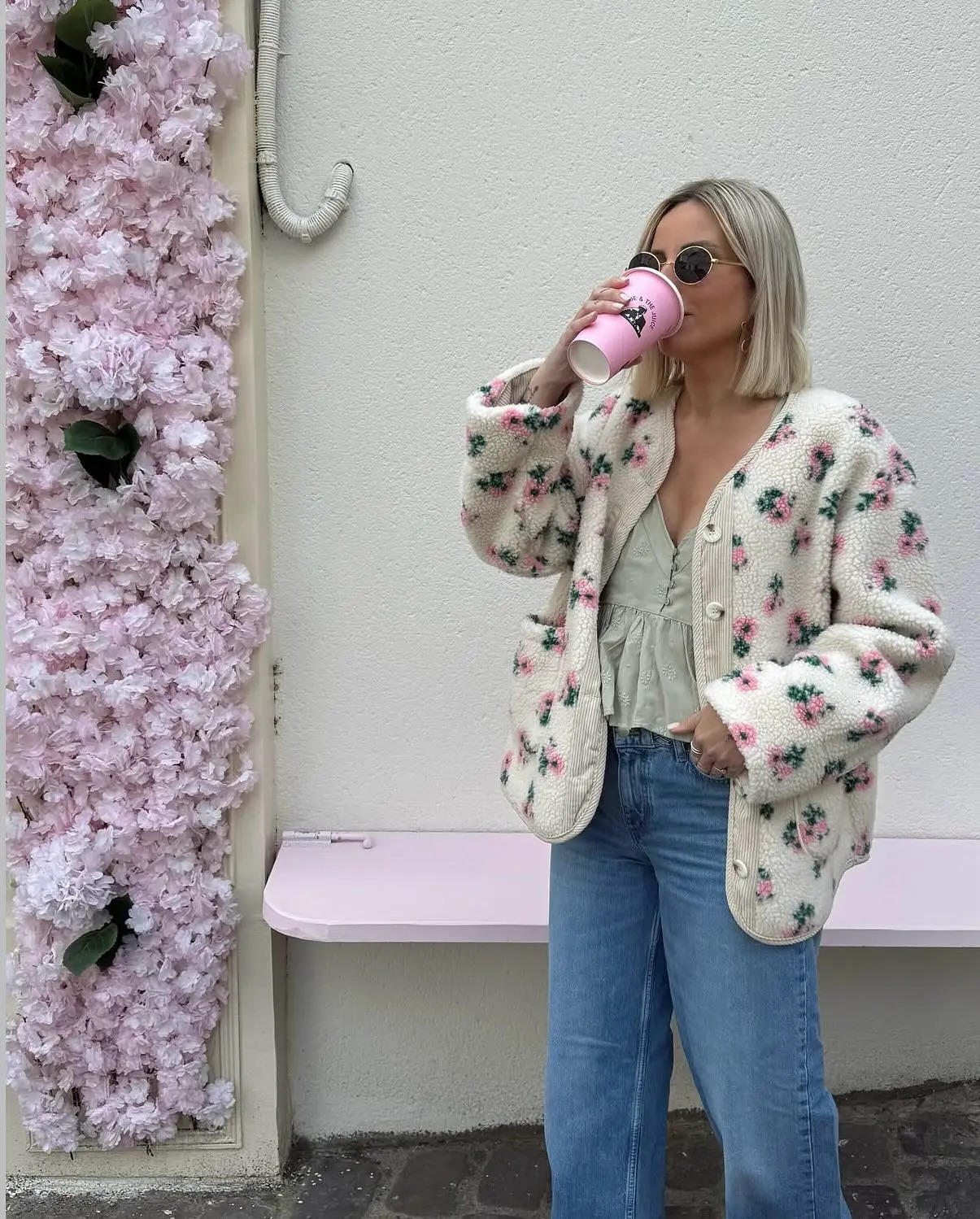 Flower Printed Cropped Fleece Jacket Women Fashion Round Neck Single Breasted Pocket Loose Jackets Lady Daily Autumn Office Coat 251110