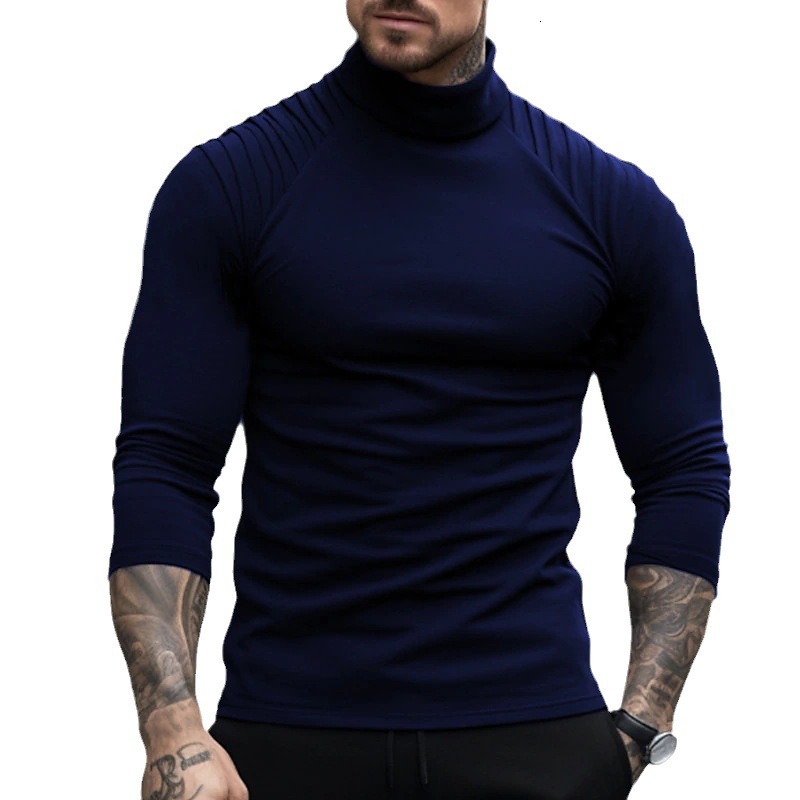 2023 new mens solid color slim fit high neck long sleeved T-shirt with personalized and fashionable pleats and shoulder sleeves