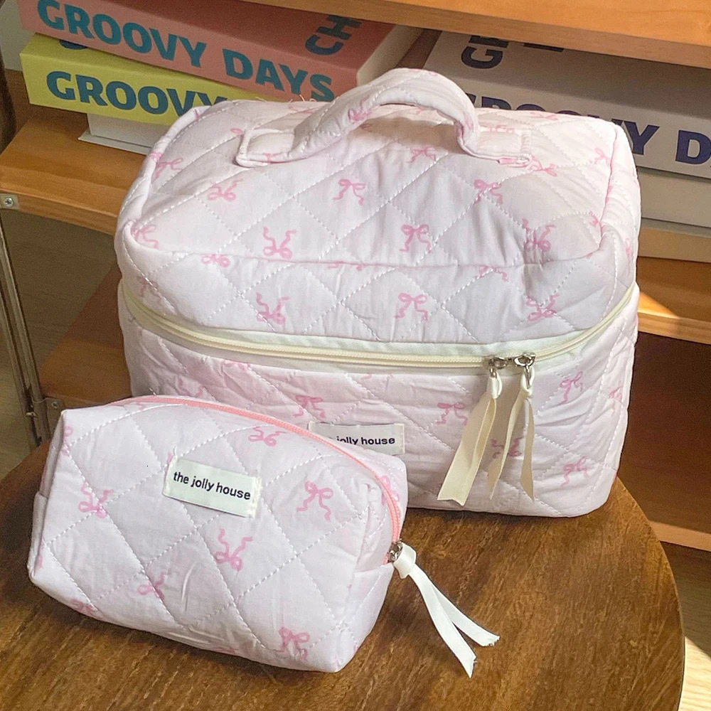 Pink Bowknot Quilting Women Cosmetic Bag Portable Zipper Makeup Travel Organizer Female Handbag Toiletry Pouch 251110