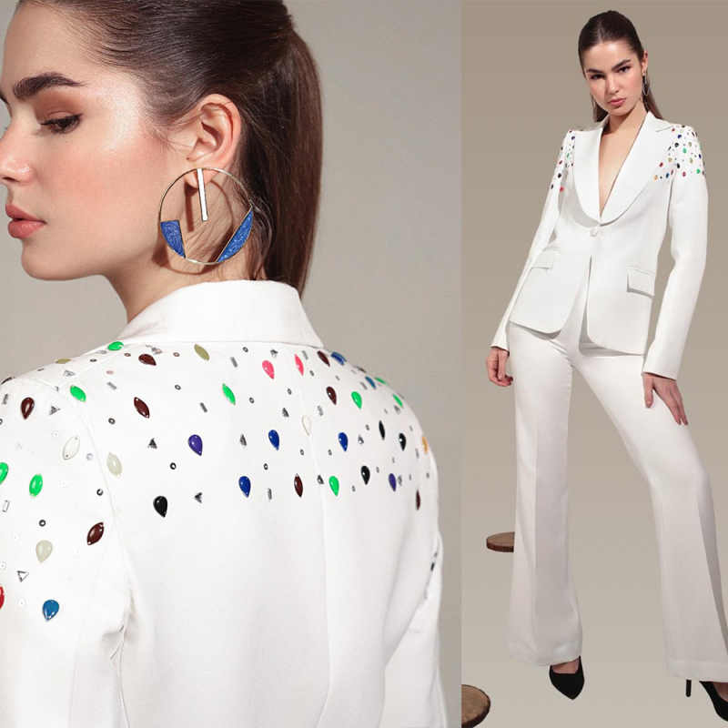 Colorful Beads Women Blazer Suits Leisure Ladies Slim Fit Fashion Wear Prom Birthday Party Customized Blazer Sets 2 Pieces