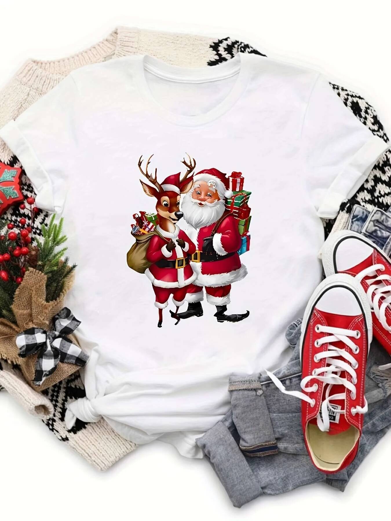 Ddmytues Christmas Women's Santa Claus Festive Sleigh Reindeer Horns Print Haruku Sleeve Clothing Street Aesthetic Clothes