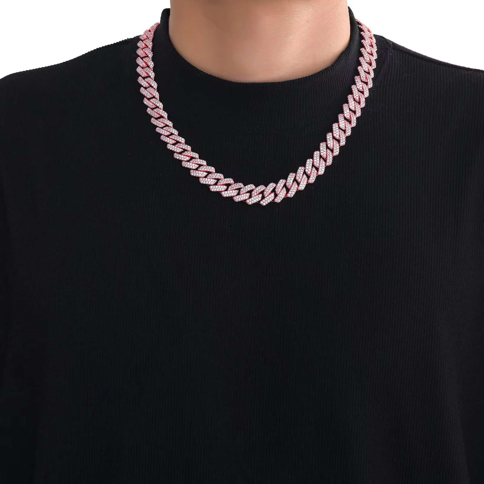 14mm Cuban Chain Pink Zircon Bracelet Genuine Gold Plated Ice Out Necklace Women's and Men's Jewelry Gift